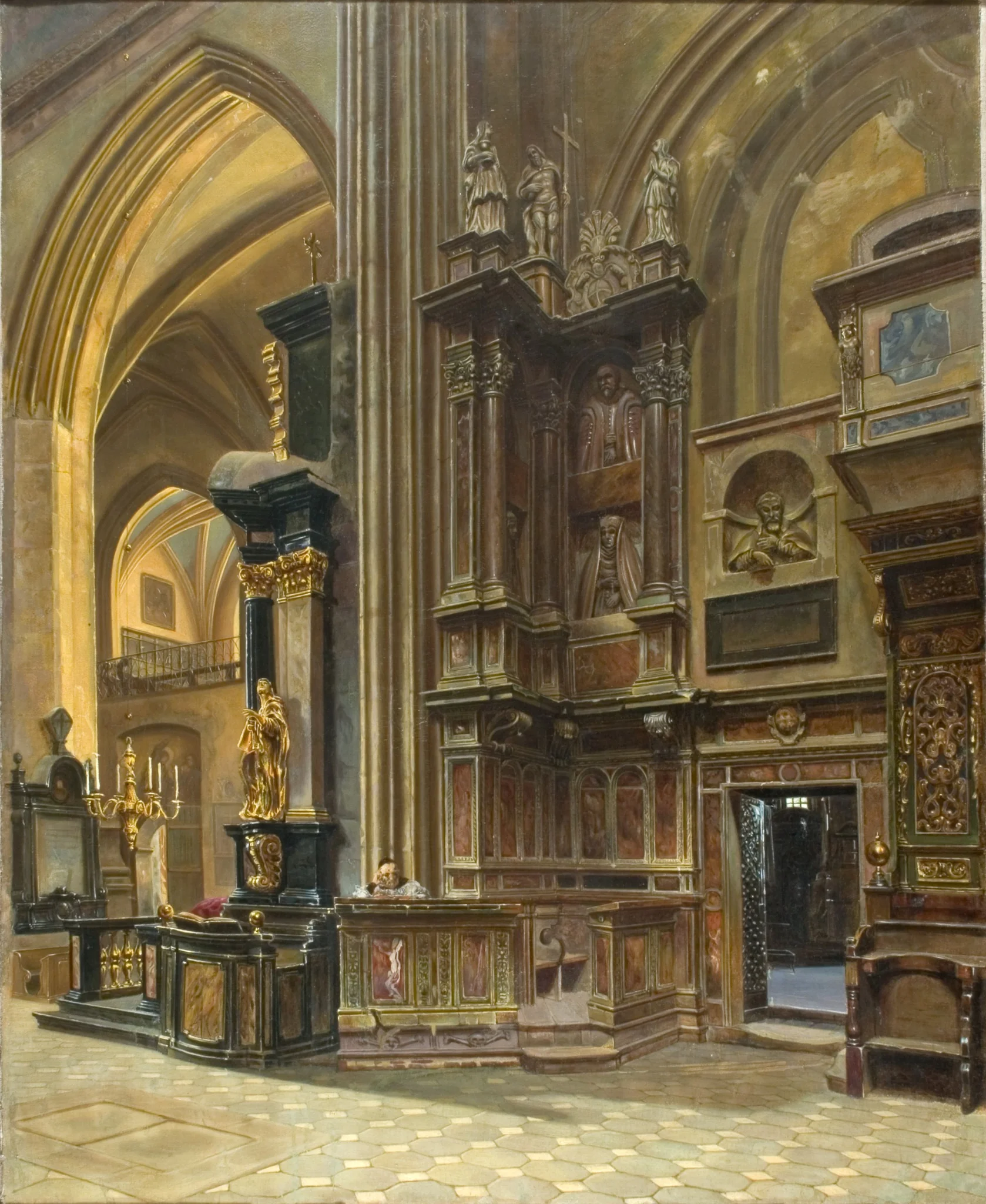 Interior of St Mary's Church in Krakow, by Aleksander Gryglewski, oil, 1867