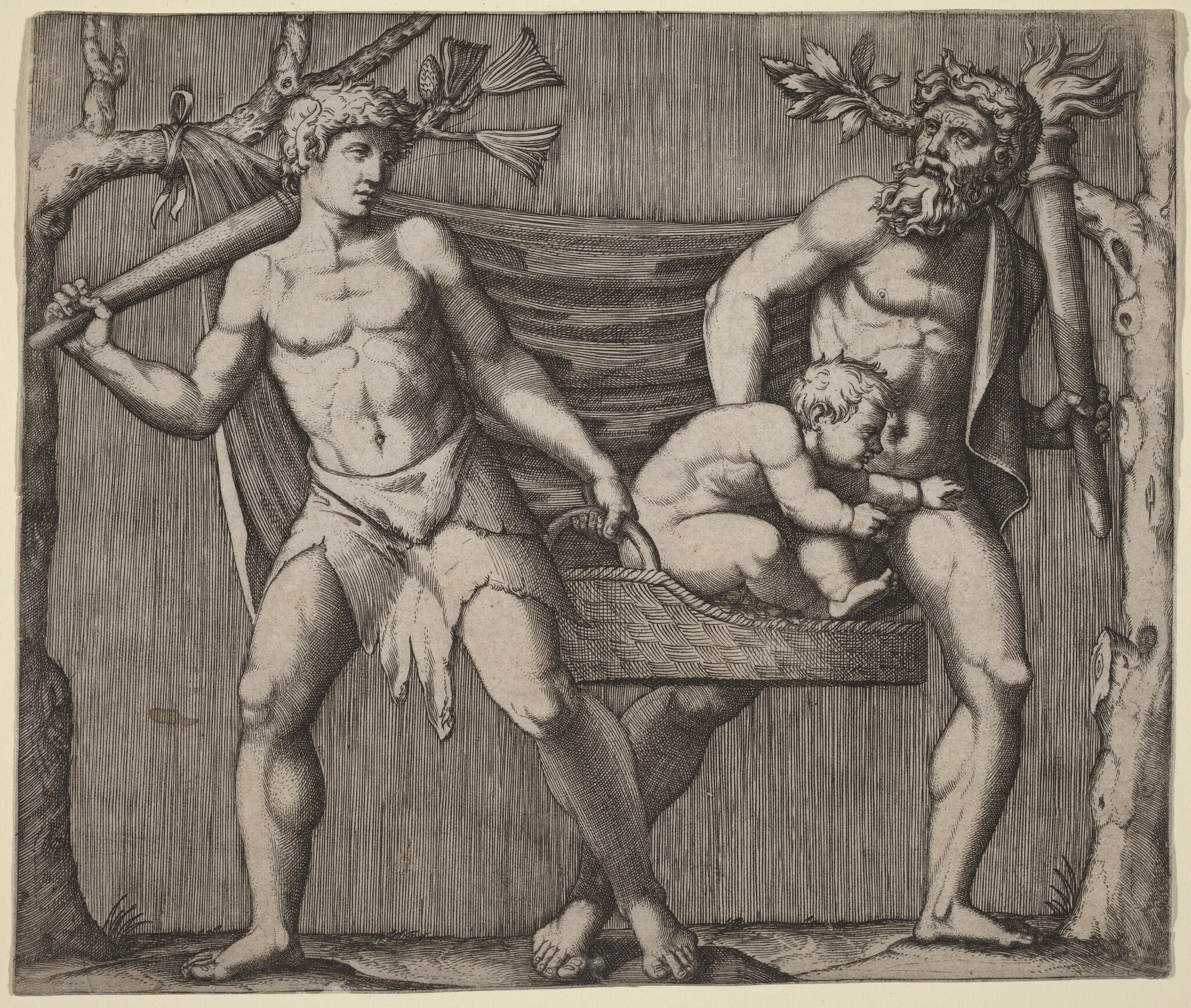Two Fauns Carrying a Child, by Marcantonio Raimondi, ink, 1514