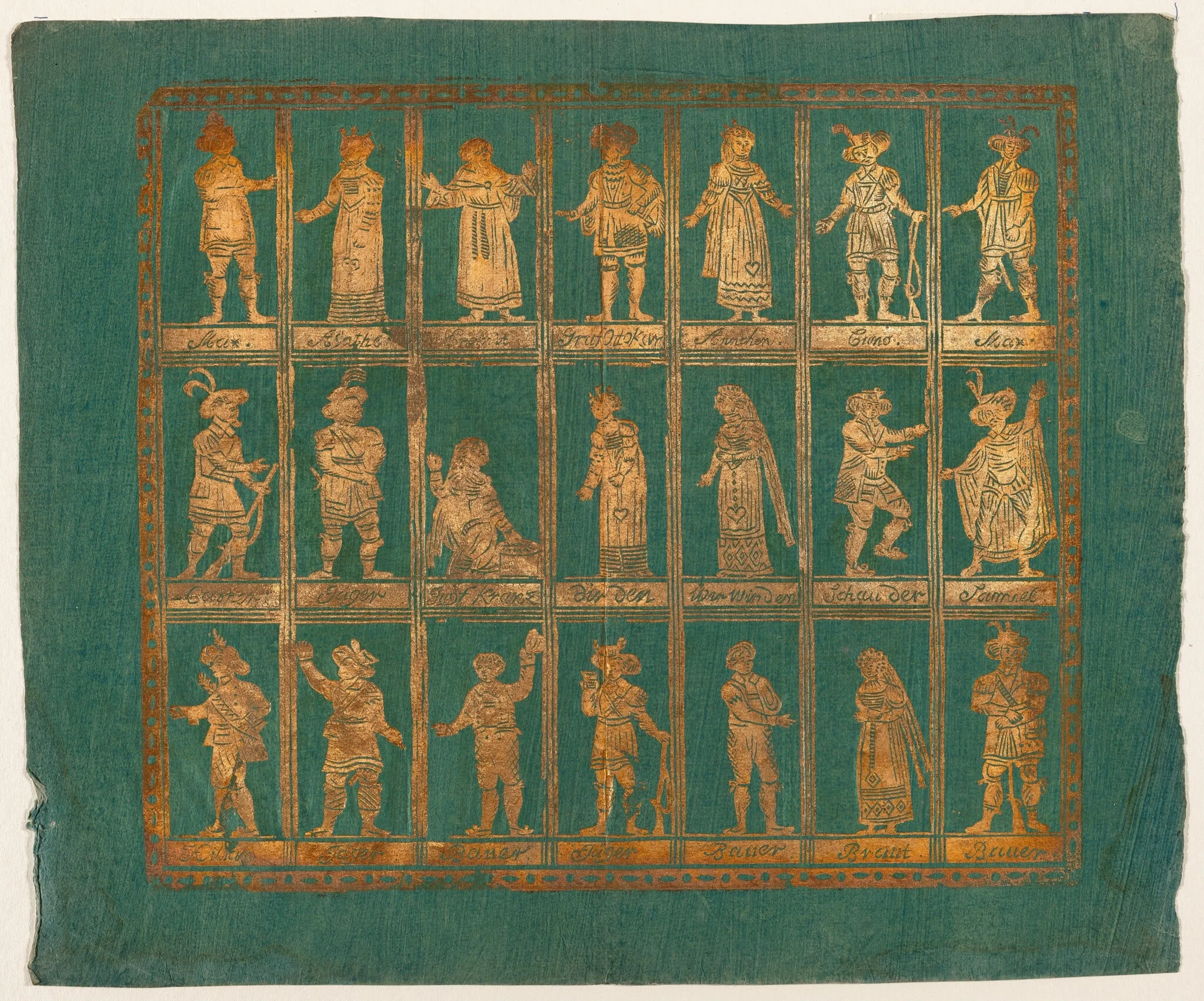 Endpaper with Twenty-One Standing Figures, by German 18th Century, ink, 1750