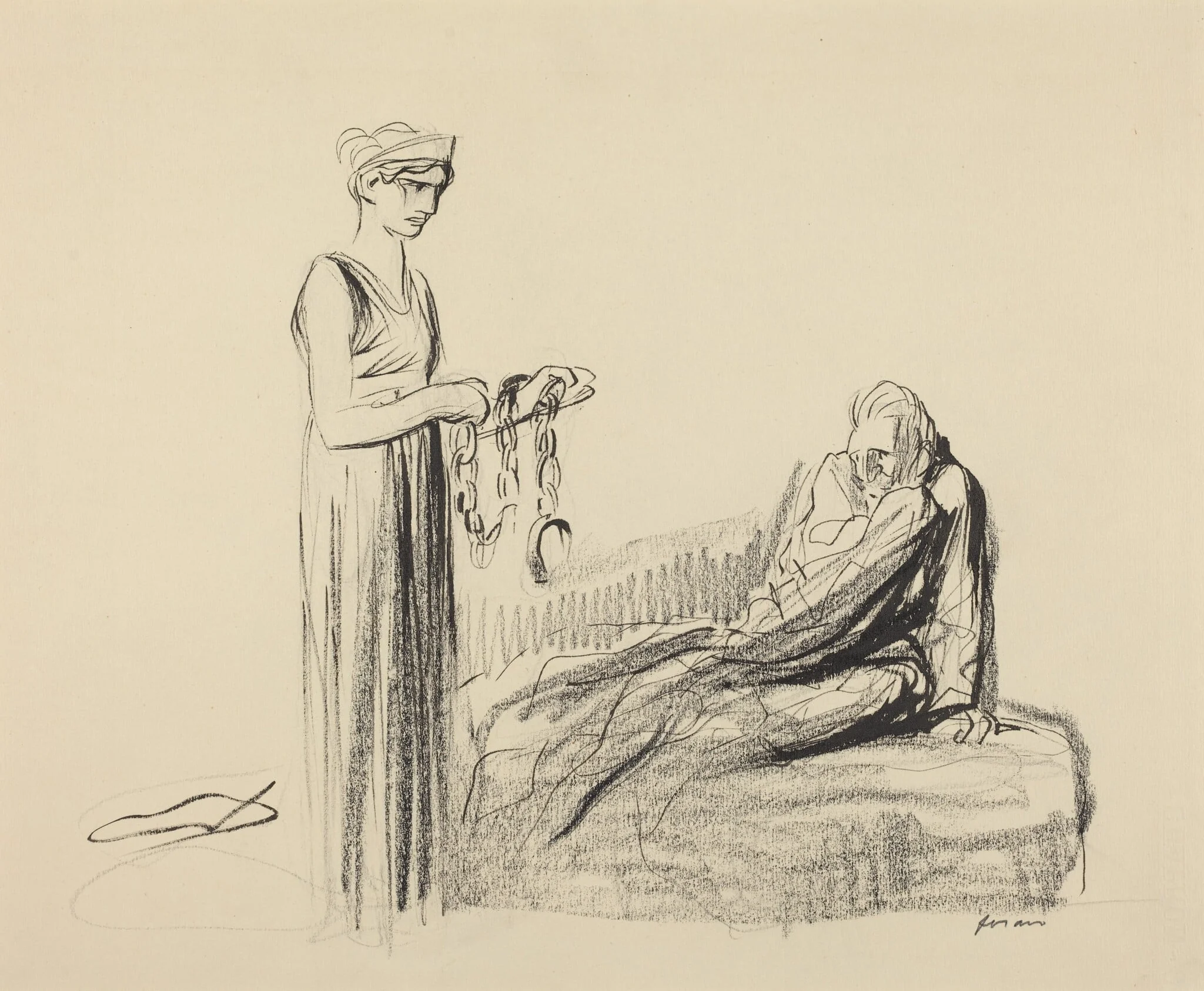 a) Fetters (recto); b) Several Figures (verso), by Jean-Louis Forain, ink, 1919