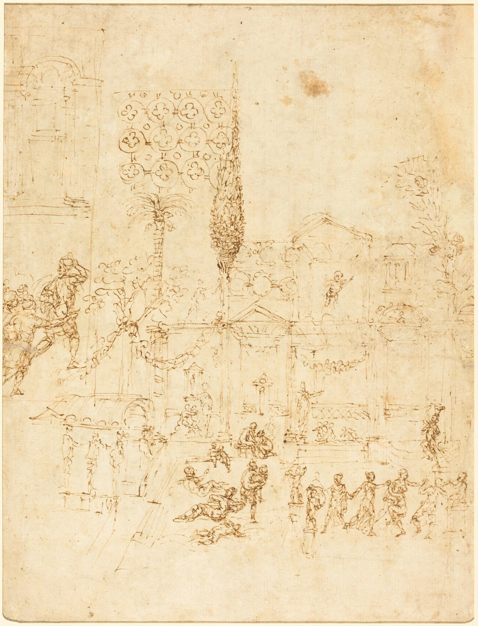 A Party in a Roman Villa [recto], by Pirro Ligorio, ink, 1548