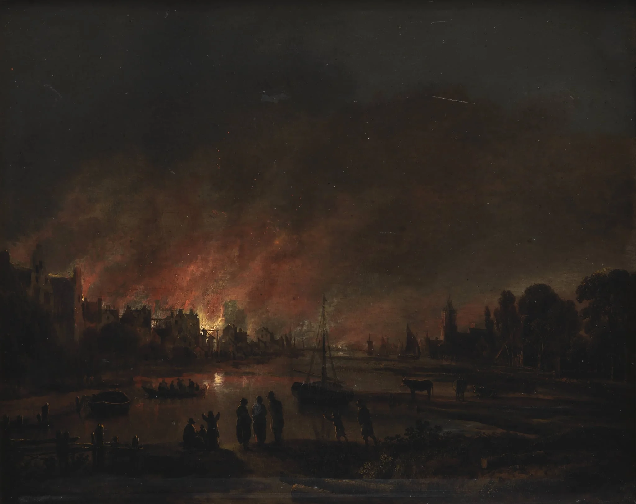 Fire at a Village by Night, by Unknown, 1650