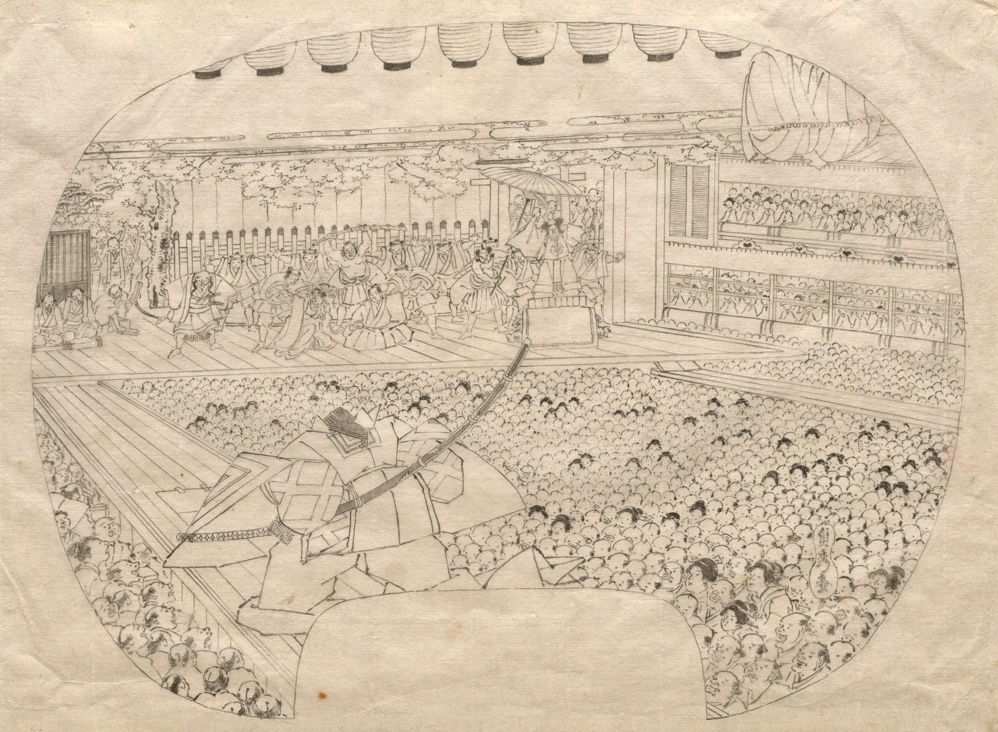 Design for Fan-shaped Print of Kabuki Theater, by Utagawa (Gountei) Sadahide, 1850