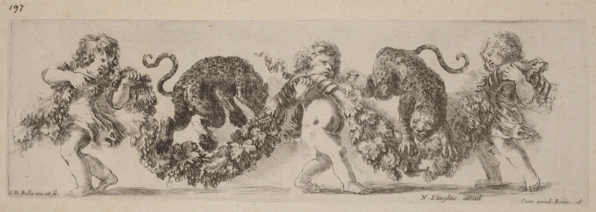 Two Leopards Jumping a Festoon Supported by Children, by Stefano Della Bella, ink, 1648