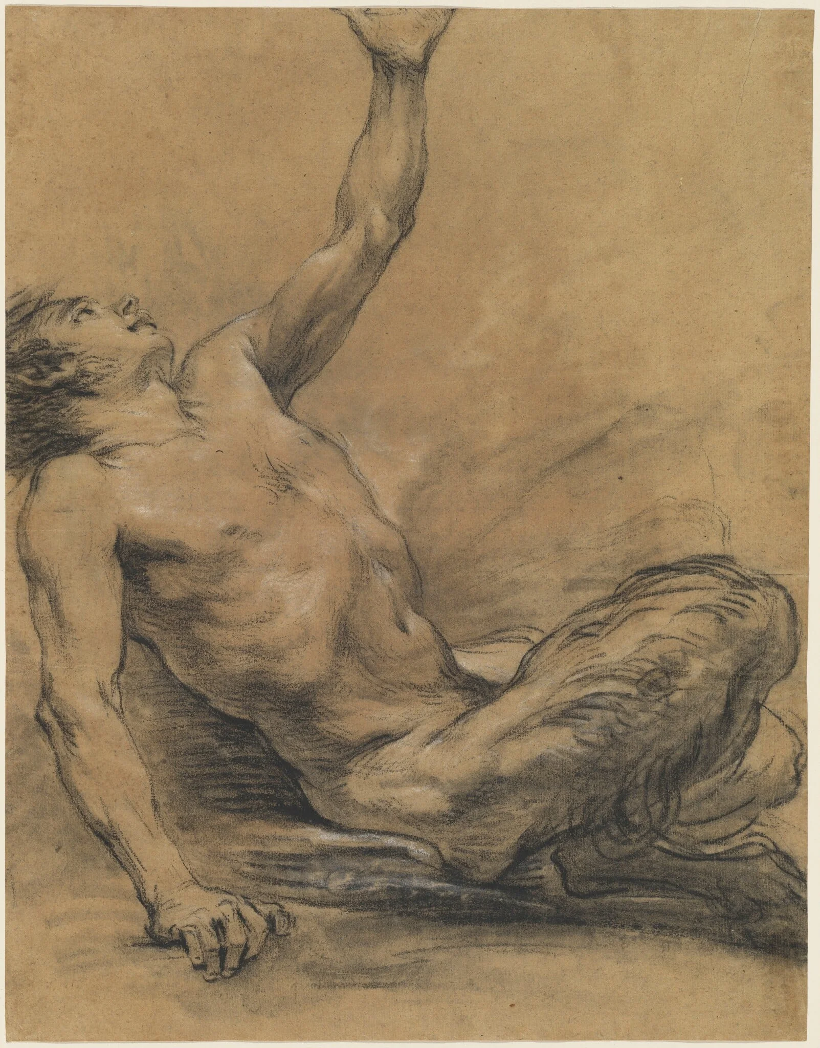 Seated Satyr Leaning Backward [recto], by Jean-Baptiste Deshays, chalk, 1762