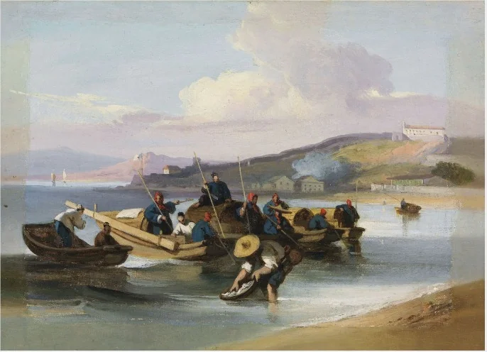 Chinese Scene, Fishermen, by George Chinnery, oil, 1823