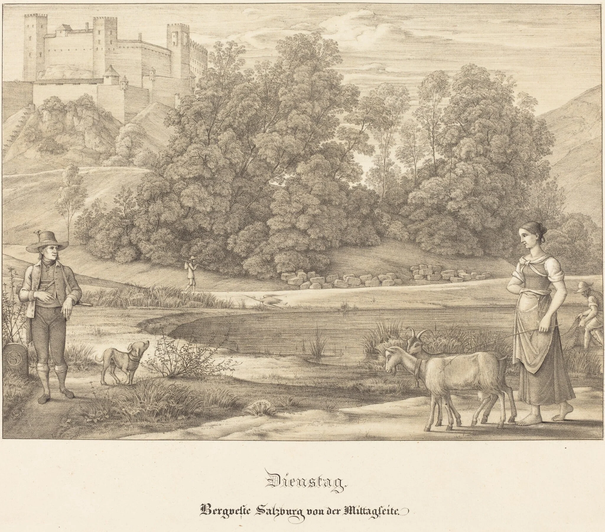 Dienstag - Bergveste Salzburg vor der Mittagseit (Tuesday - The Castle of Salzburg from the Noontime Side), by Ferdinand Olivier, ink, 1823