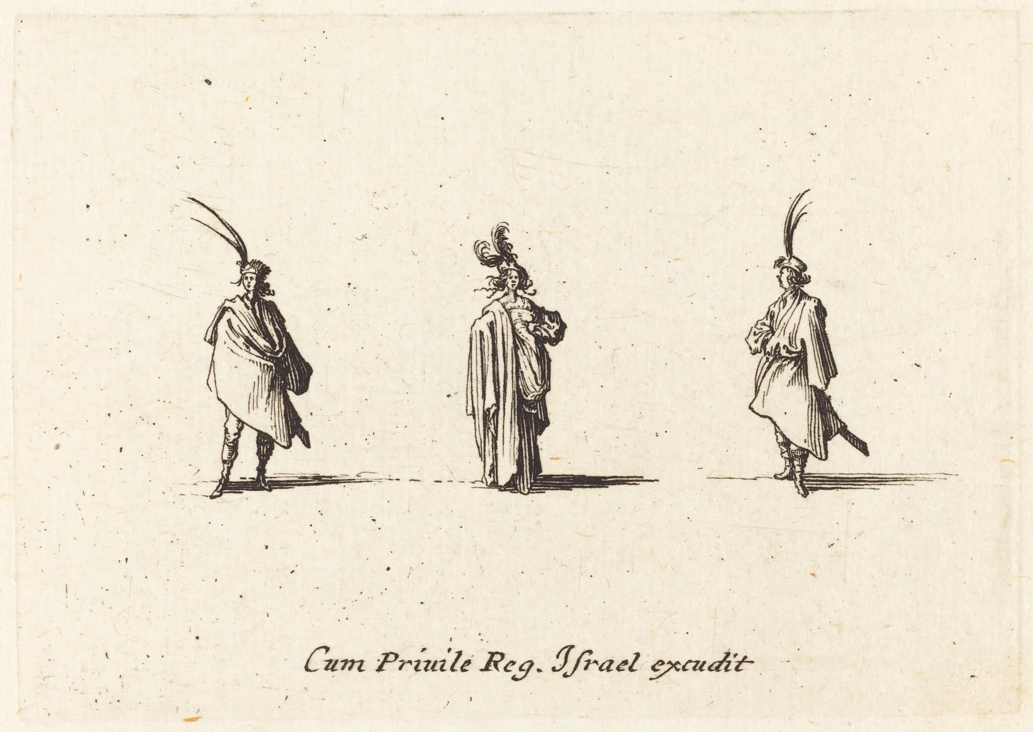 Lady in Long Cloak, and Two Gentlemen, by Jacques Callot, ink, 1634