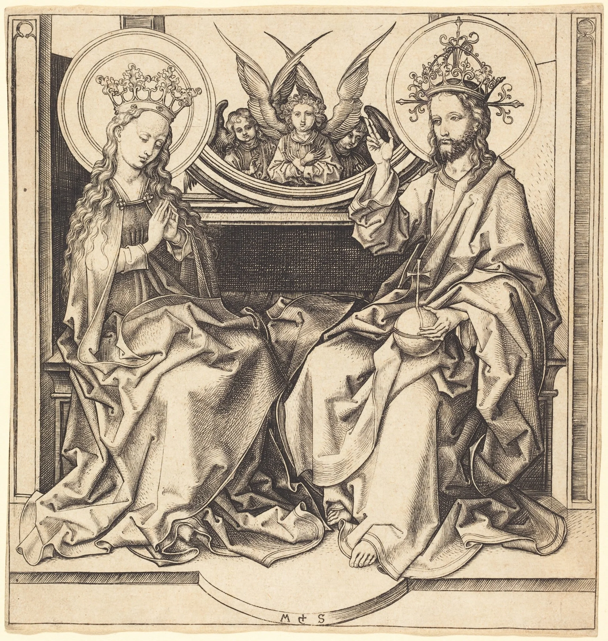 Christ Blessing the Virgin, by Martin Schongauer, ink, 1485