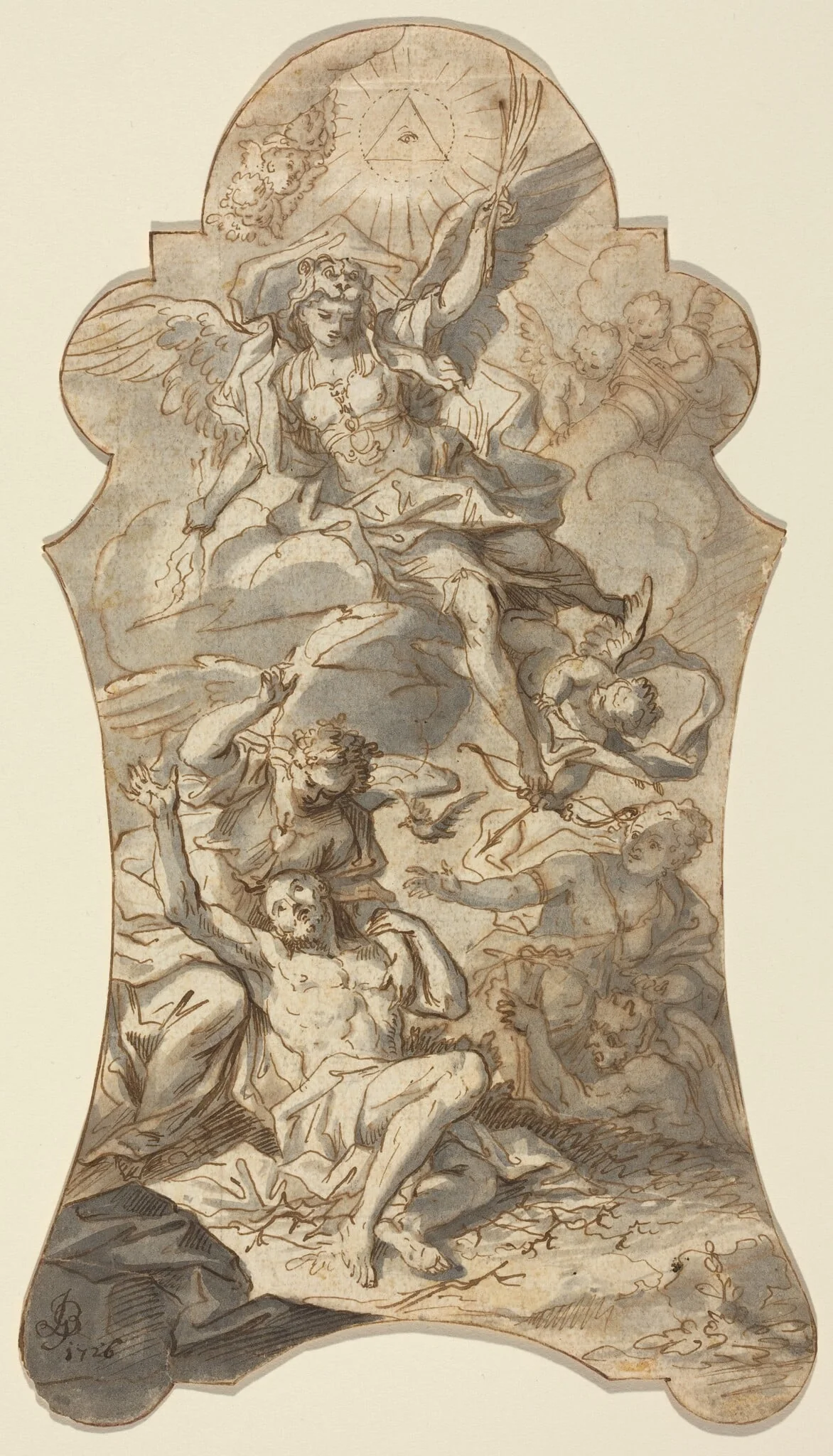The Holy Angels Protecting a Hermit from Evils, by Johann Georg Bergmüller, ink, 1726