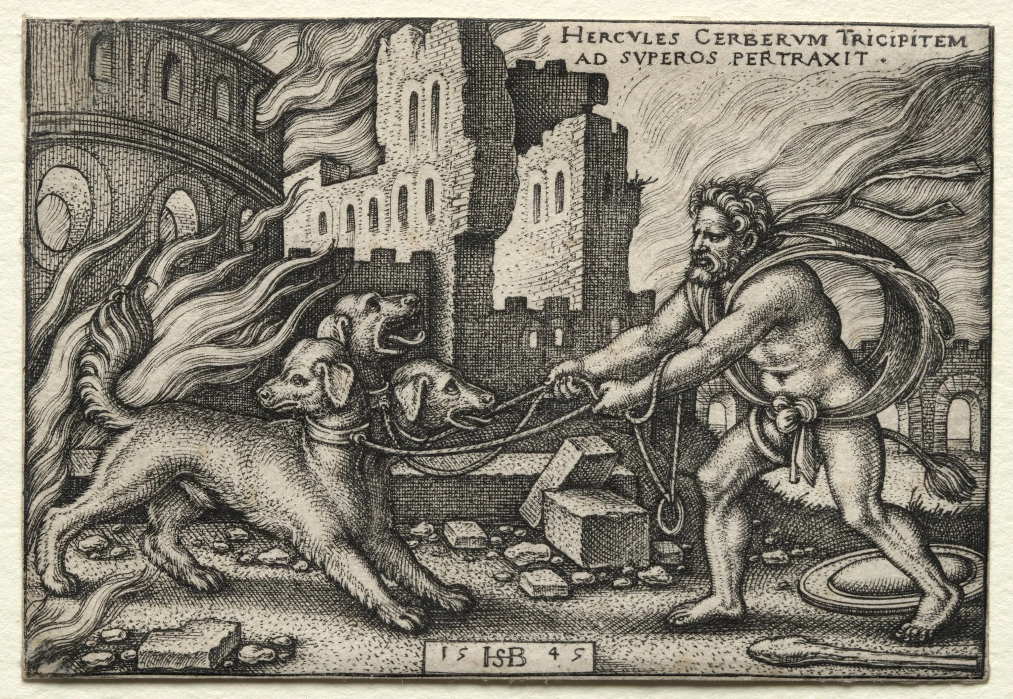 The Labors of Hercules: Hercules Dragging Cerberus from the Underworld, by Sebald Beham, 1545