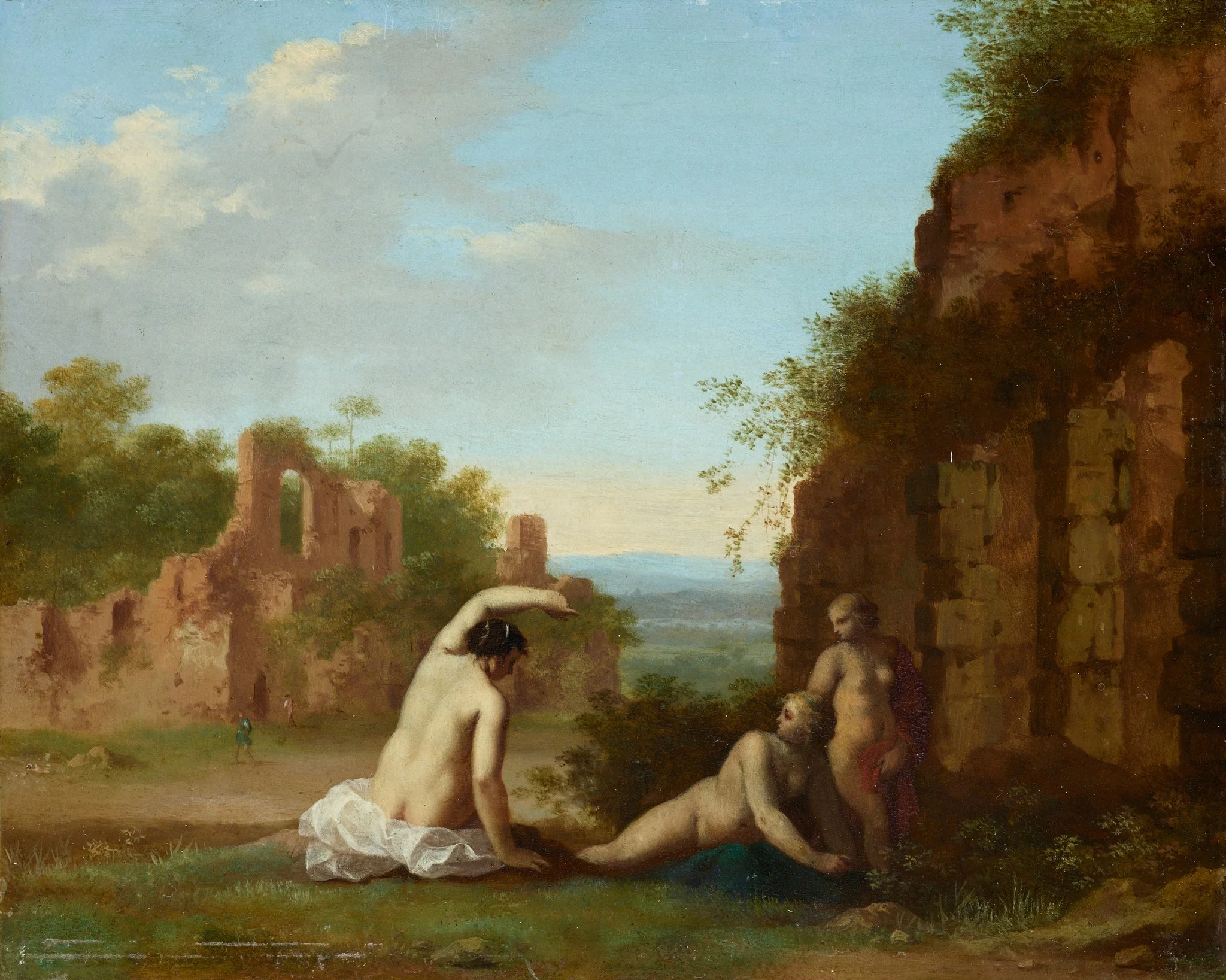 Roman Landscape with Nymphs, by Cornelius van Poelenburgh, paint, 1700