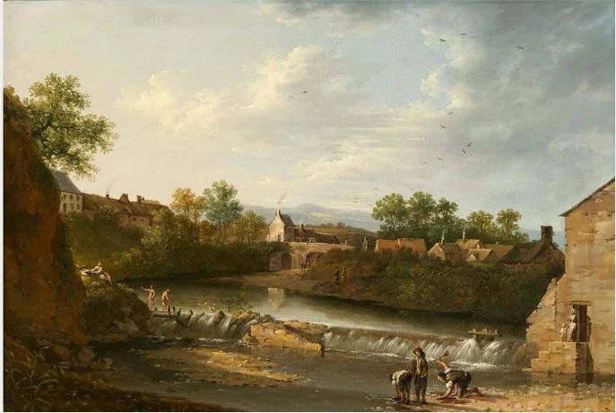 A View of Clonskeagh, County Dublin with Figures Bathing, by Thomas Roberts, oil, 1903
