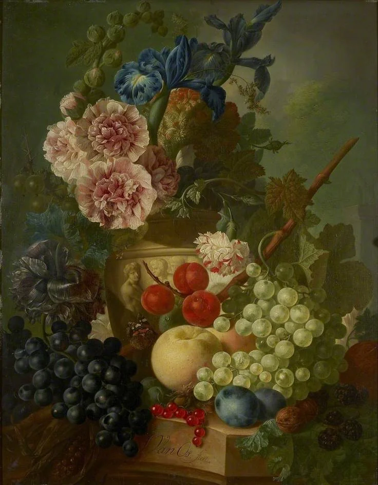 Still Life of Flowers and Fruit, by Jan van Os, oil, 1786