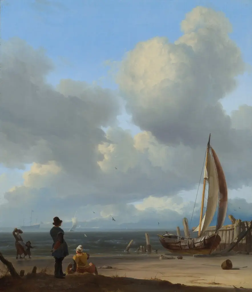 An extensive seascape with figures by a boat on a shore near Huisduinen