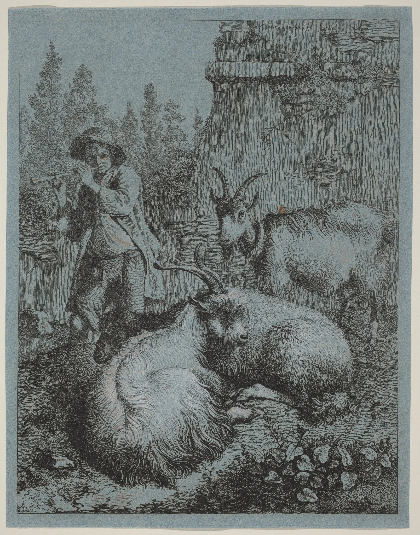Goatherd Piping to Four Goats, by Francesco Londonio, ink, 1753