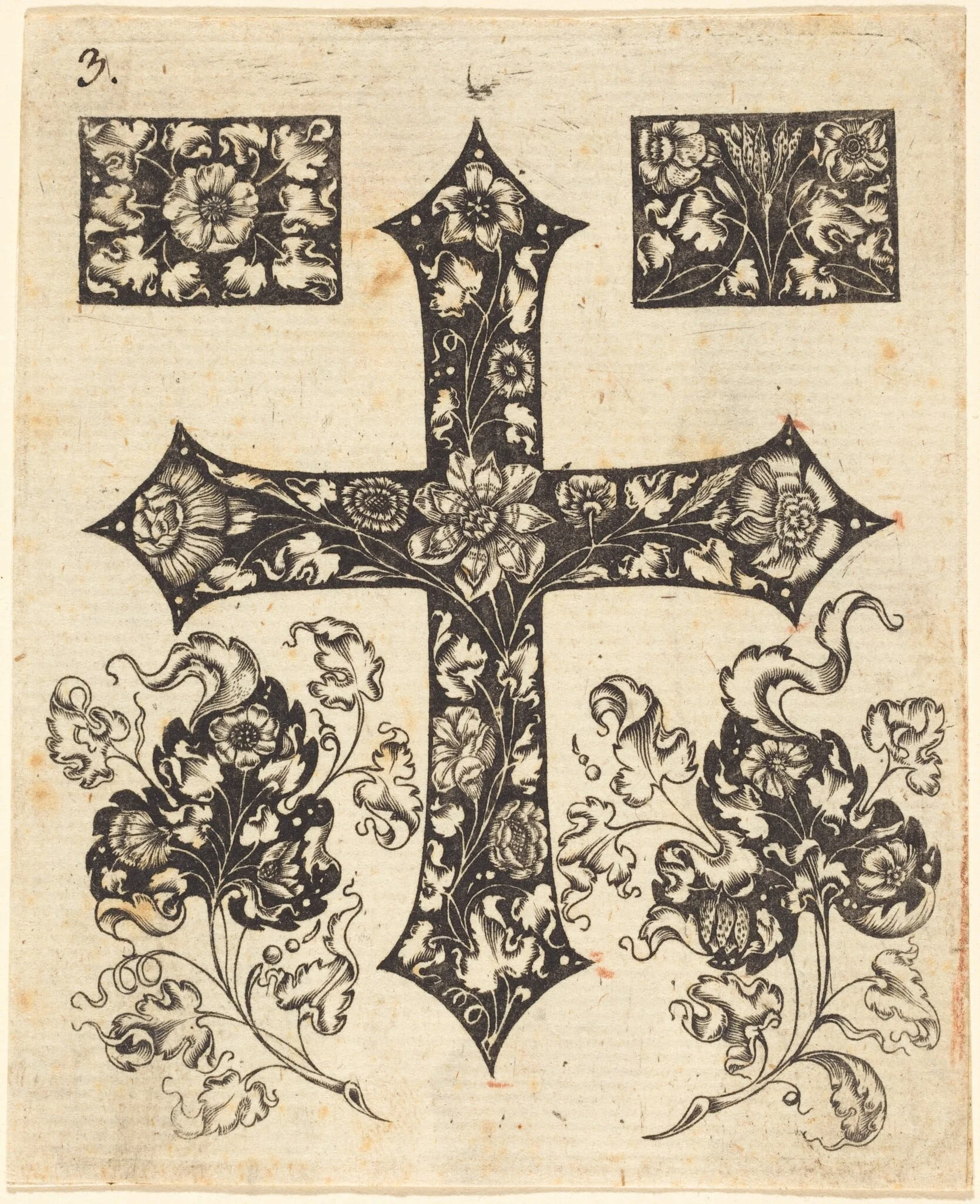 Cross Embellished with Flowers, by Johannes Hanias, ink, 1650