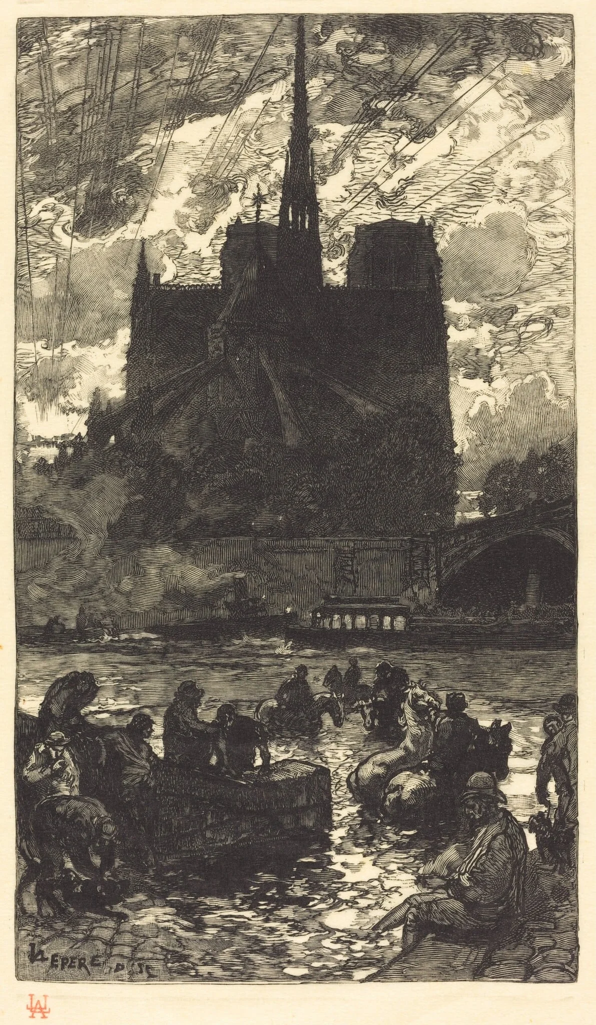 Watering-place behind Notre-Dame (L'abreuvoirderriere Notre-Dame), by Auguste Lepère, ink, 1897
