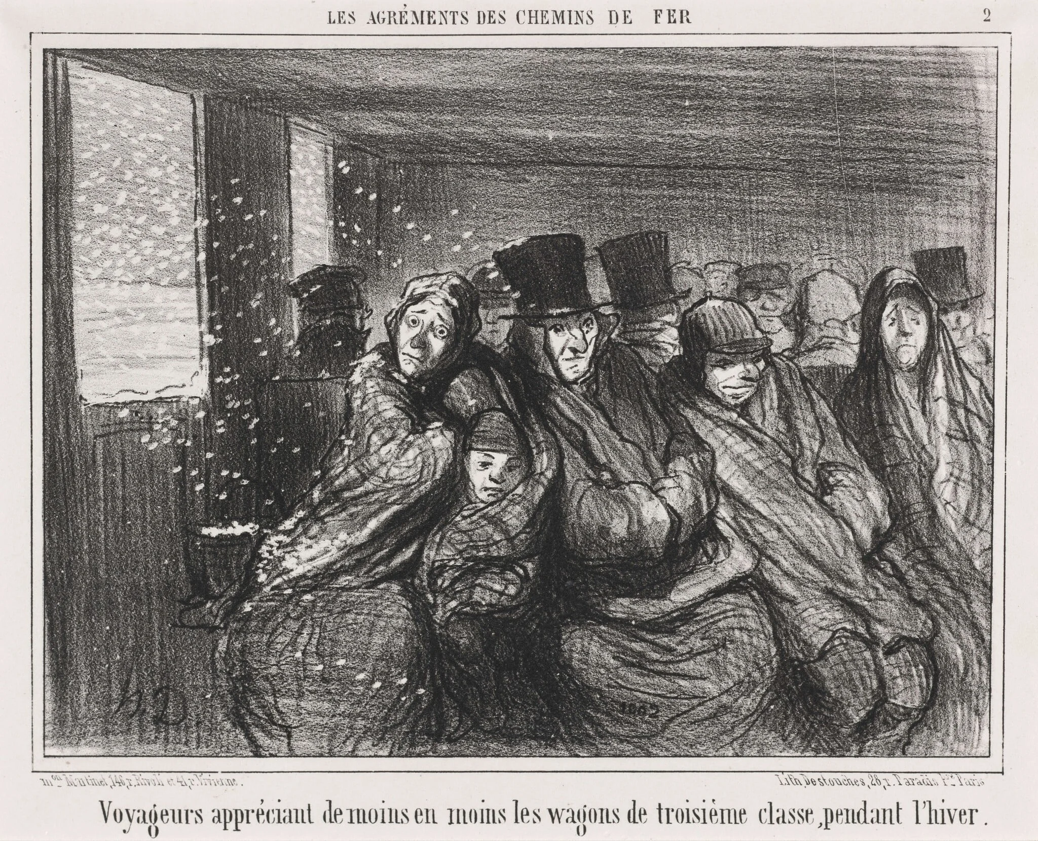 Voyageurs appréciant de moins en moins les wagons de troisième classe..., by Honoré Daumier, ink, 1856