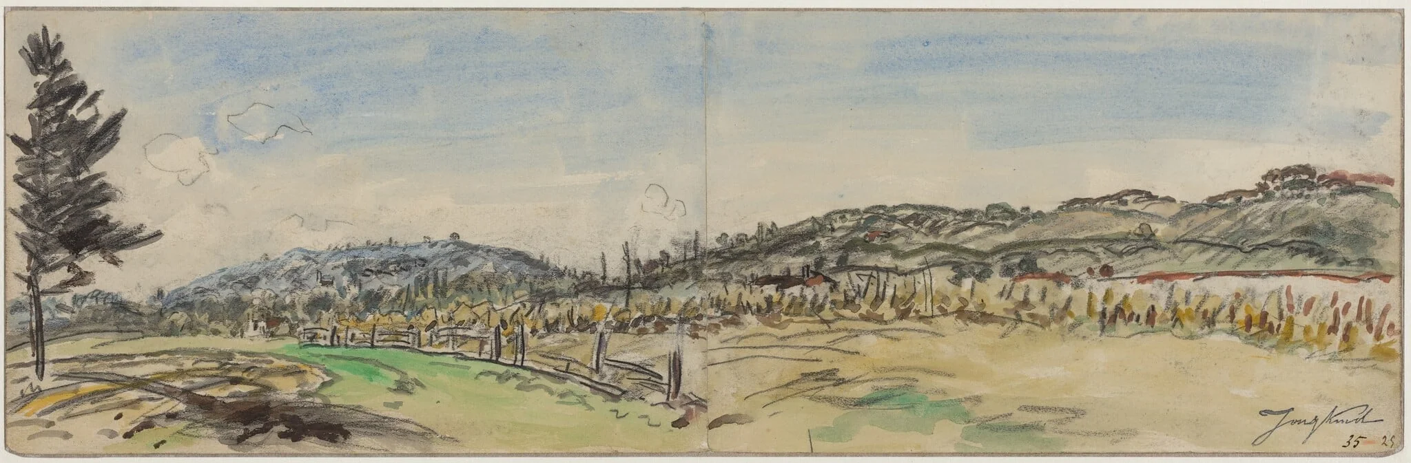 Countryside near Brezins, between Grenoble and Vienne, by Johan Barthold Jongkind, chalk, 1884