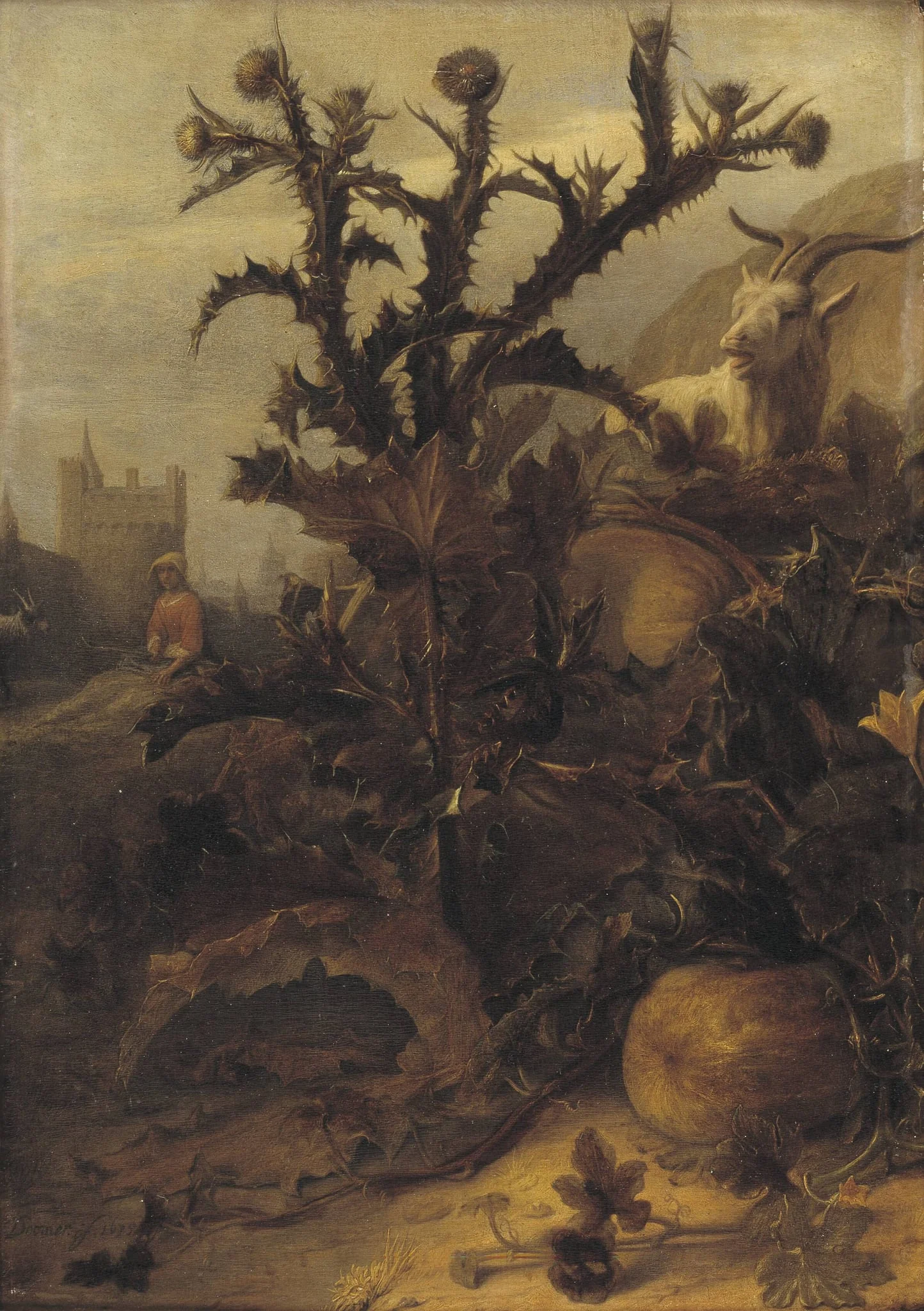 Thistle, Pumpkin and a Goat, by Unknown, 1675
