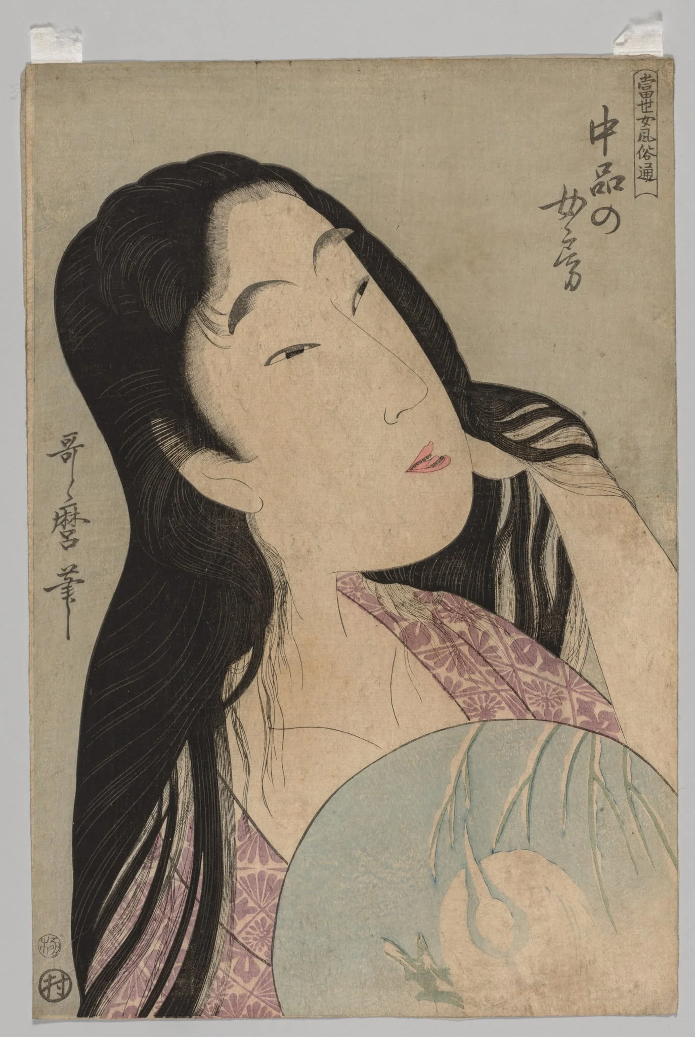Bust of Woman with Loose Hair Holding Fan, by Kitagawa Utamaro, 1780