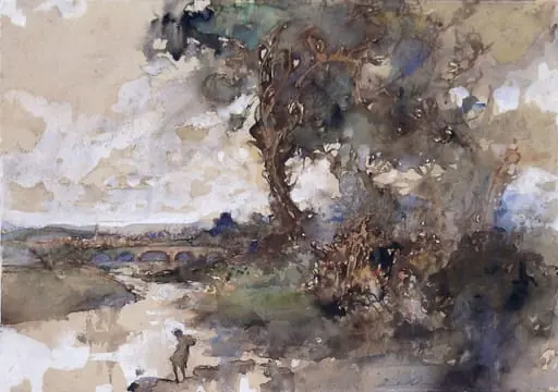 Figure by a river with a distant view of bridges and a town