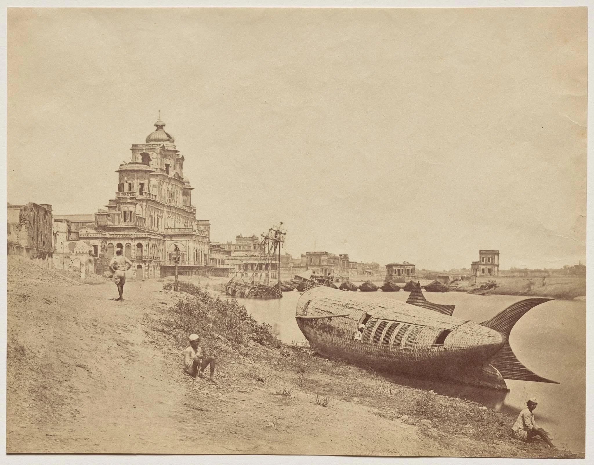 Chutter Manzil Palace, with the King's Boat in the Shape of a Fish, by Felice A. Beato, 1858
