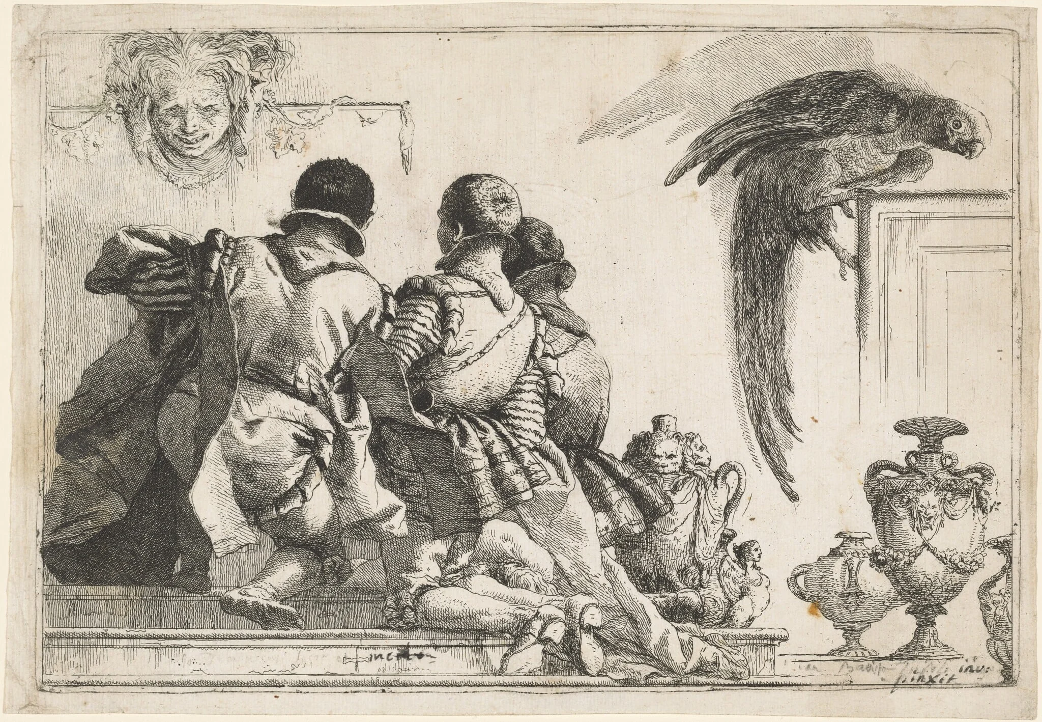 Kneeling Pages, a Mask, and a Parrot
