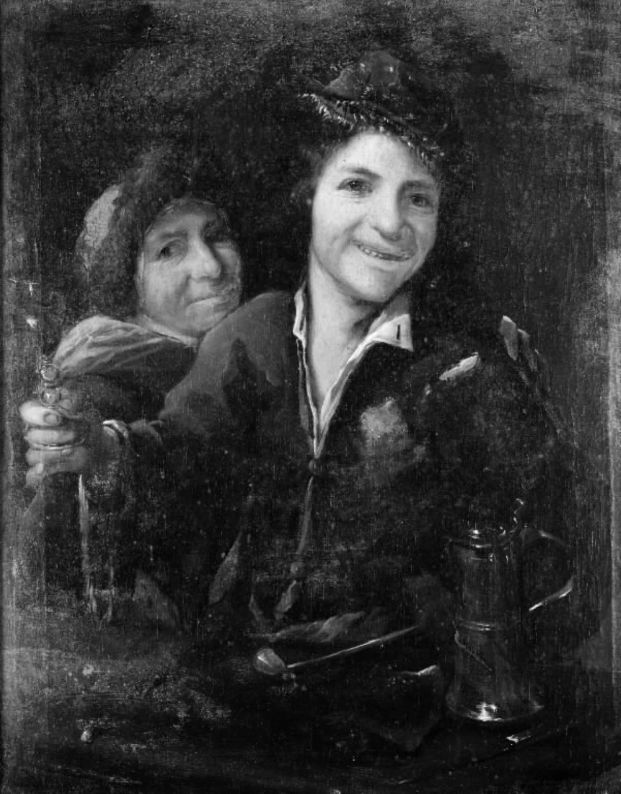 Smiling Man, Woman, Table with Jug, Pipe etc., by Unknown, oil