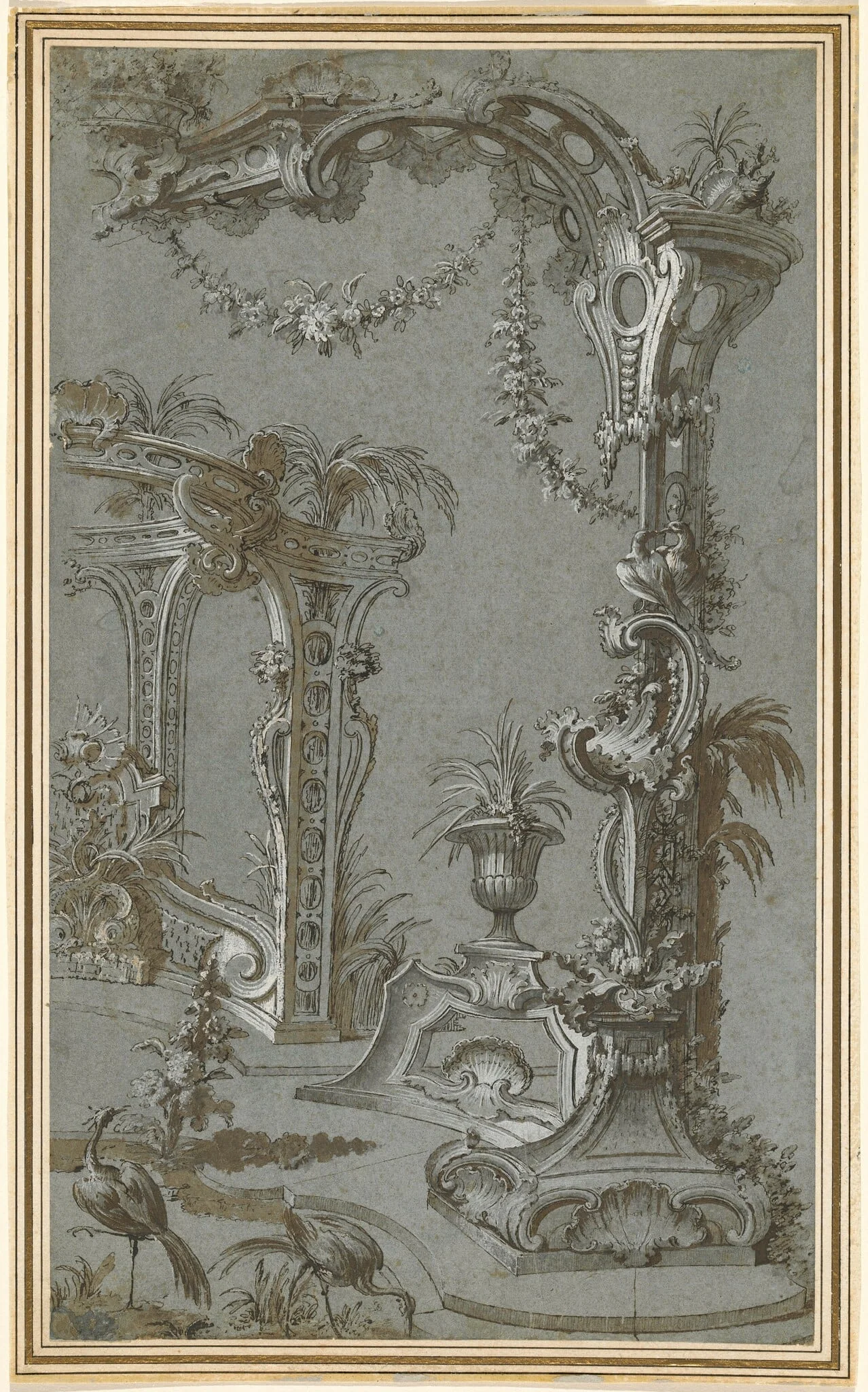 A Rococo Garden Trellis and Gazebo, by Jean-François de Cuvilliés I, ink, 1750