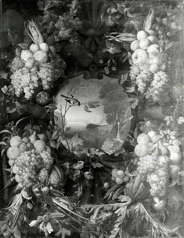 Garland of Fruit Surrounding a Cartouche Opening onto a Landscape, by Jan Pauwel Gillemans the Elder, oil, 1656