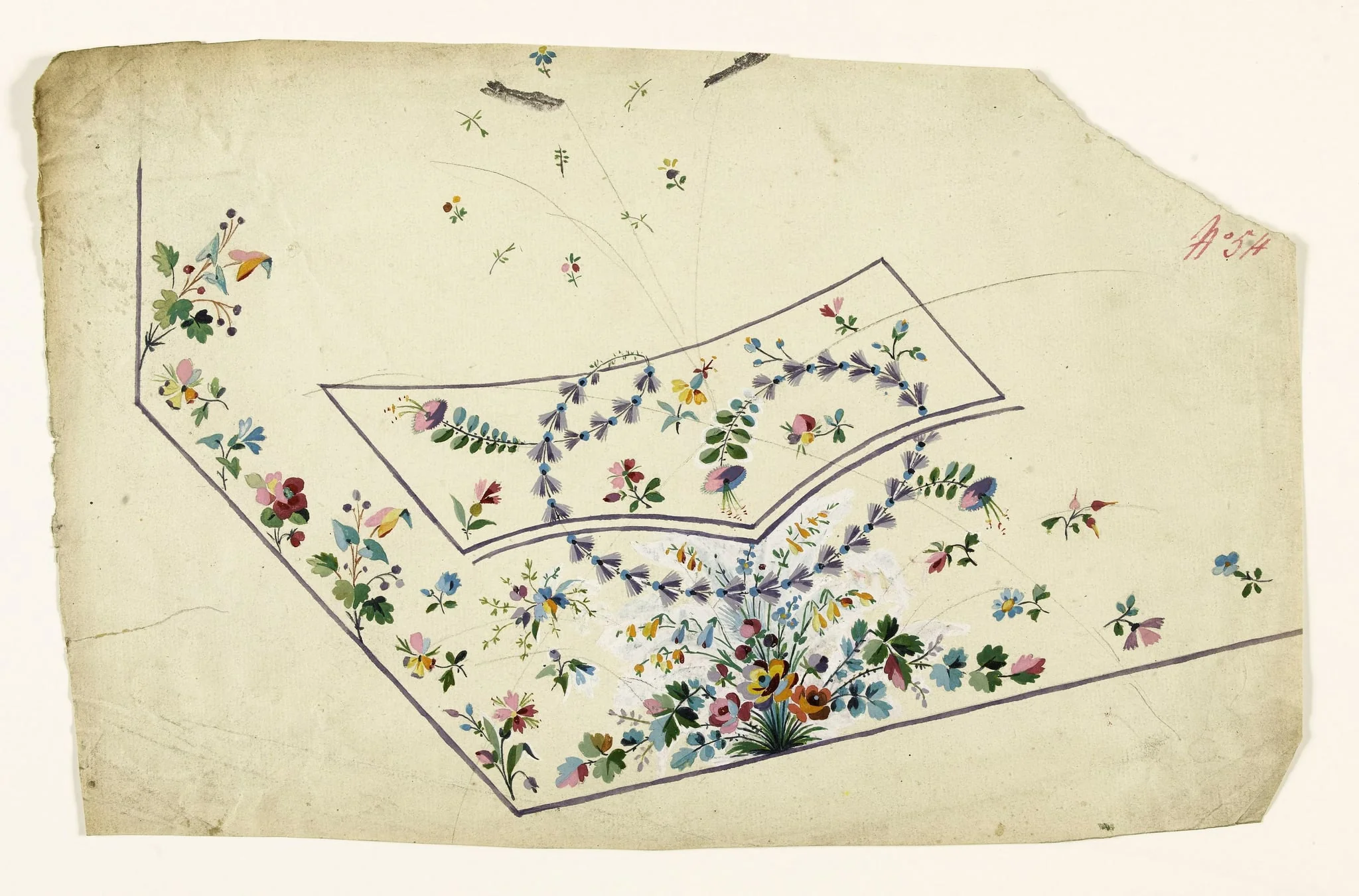 Composition de bouquets de fleurs multicolores et guirlandes de fleurs mauves, projets de broderies de gilet, XVIIIème siècle