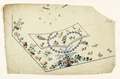 Composition de bouquets de fleurs multicolores et guirlandes de fleurs mauves, projets de broderies de gilet, XVIIIème siècle