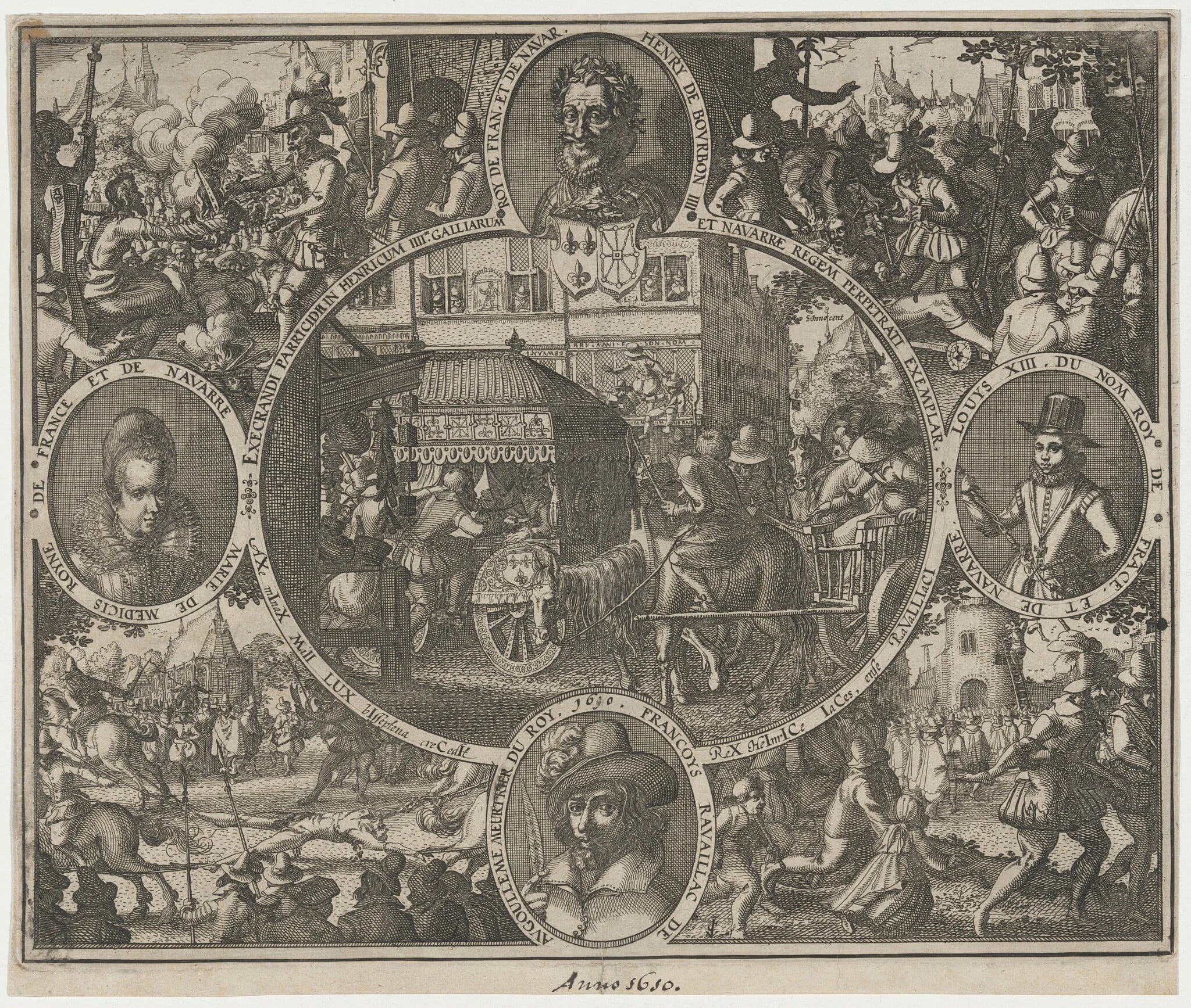 Murder of King Henry IV of France and the Execution of Francois Ravaillac, by Claes Jansz Visscher, ink, 1610