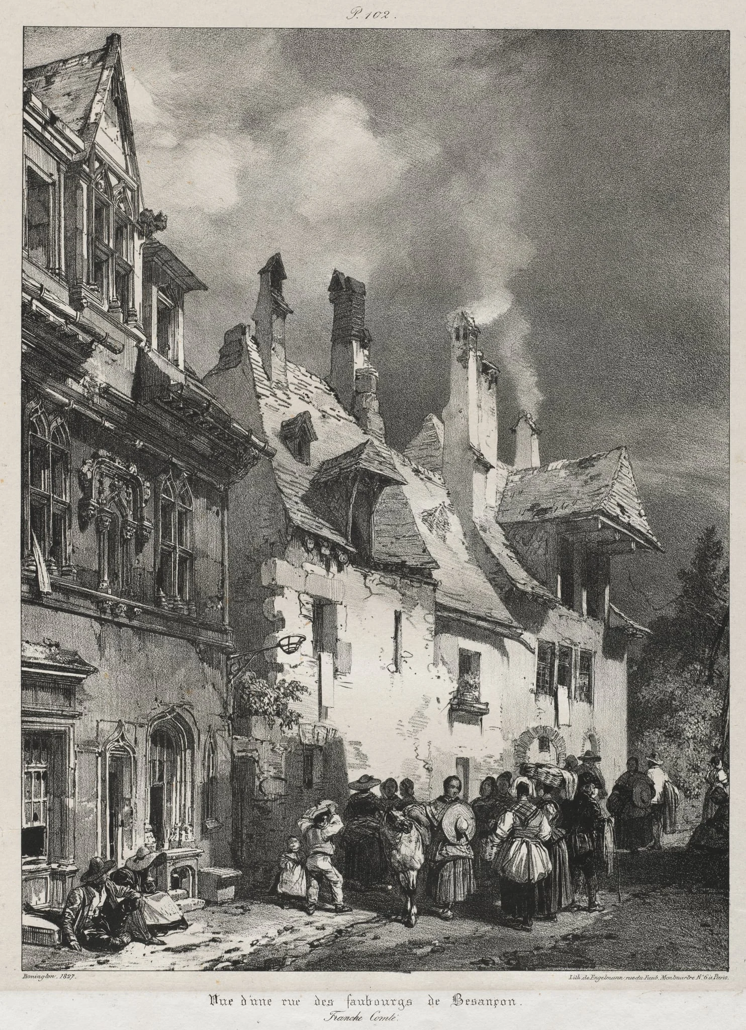 Voyages pittoresques et romantiques dans l'ancienne France,  Franche-Comté:  Vue d'une rue des faubourgs de Besançon, by Richard Parkes Bonington, 1825