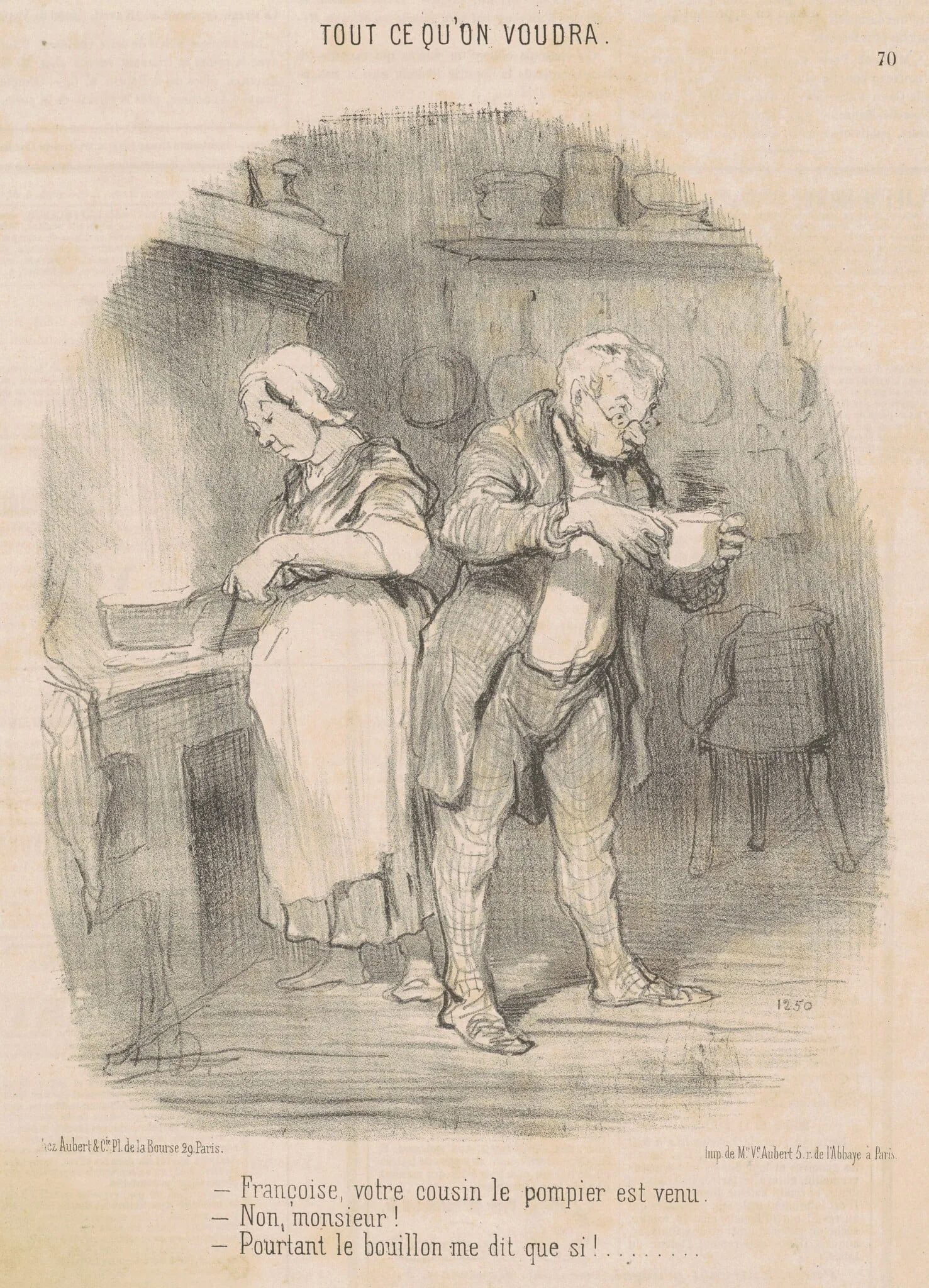 Francois, votre cousin le pompier est venu ..., by Honoré Daumier, ink, 1851