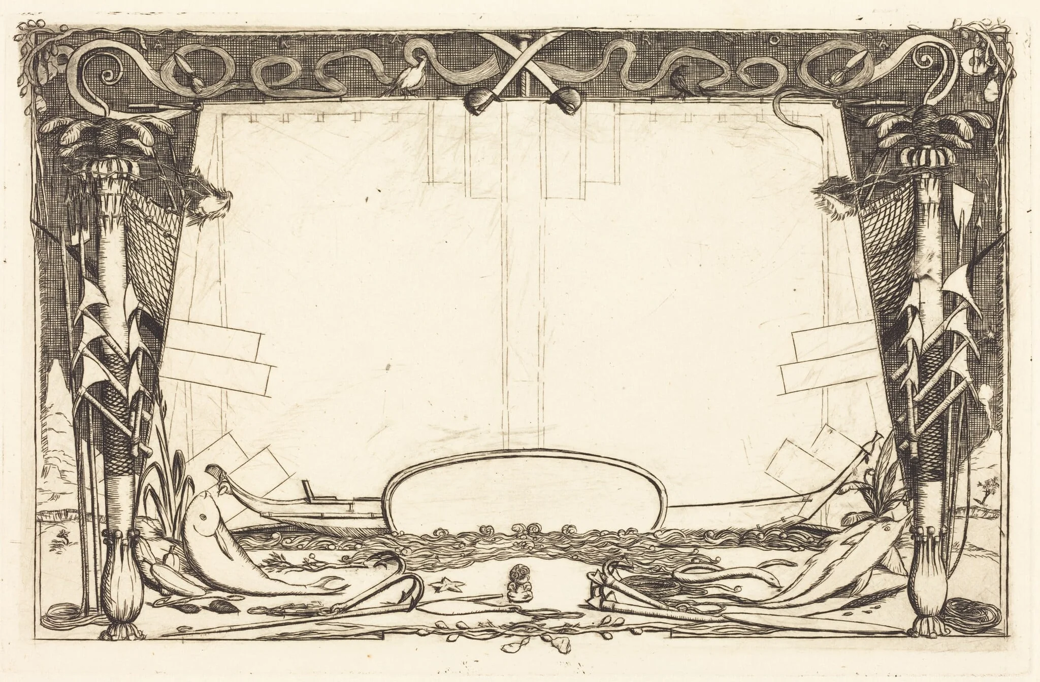 Couverture du "Voyage à la nouvelle Zélande" (Cover for the Set of Etchings Entitled "A Voyage to New Zealand"), by Charles Meryon, ink, 1866