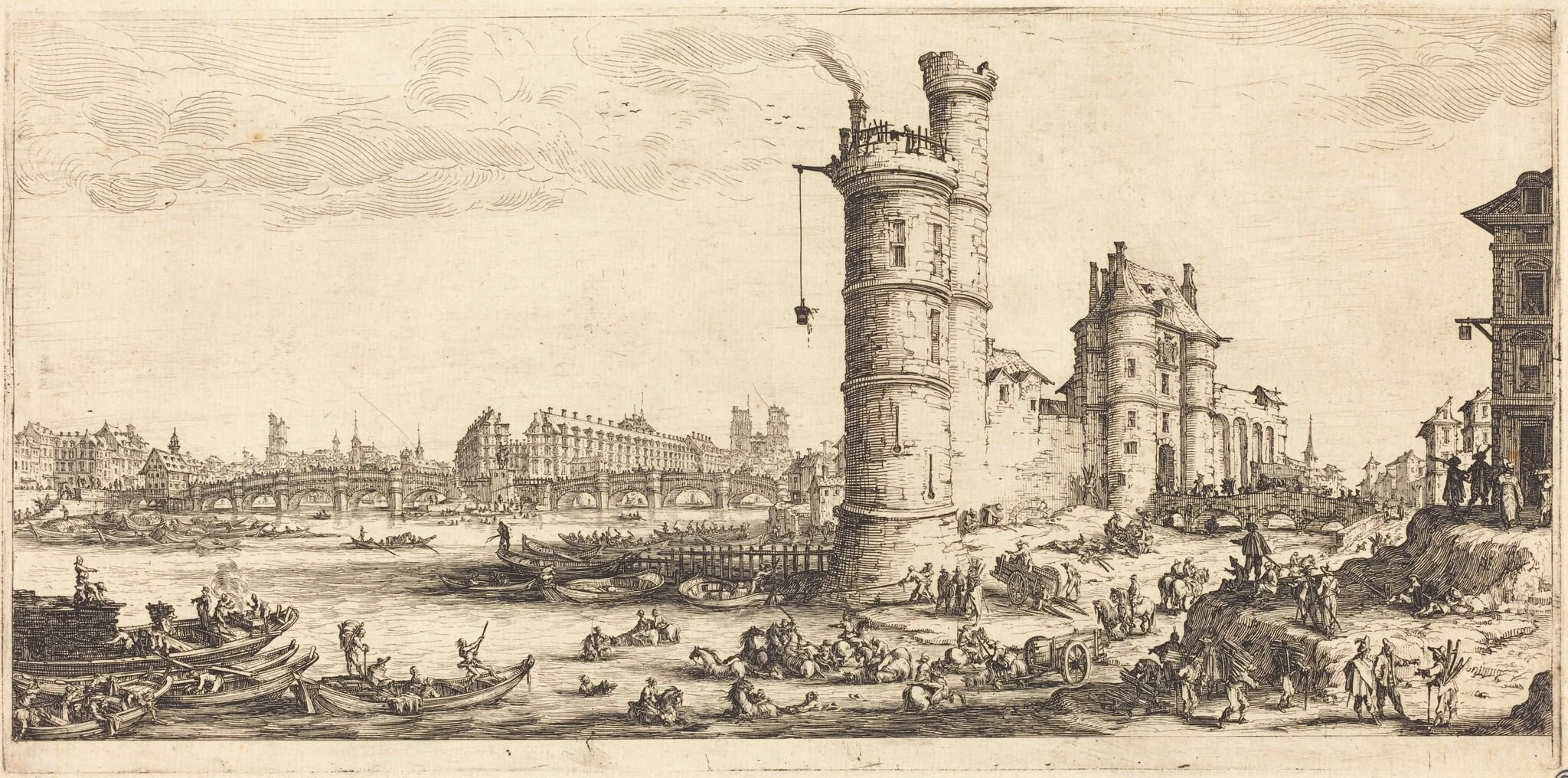 View of the Pont Neuf, by Jacques Callot, ink, 1629