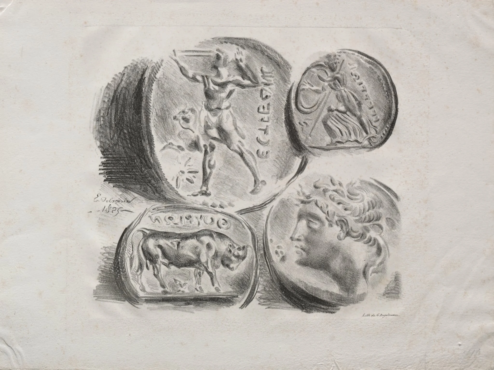 Sheet of Four Antique Medals, by Eugène Delacroix, 1825