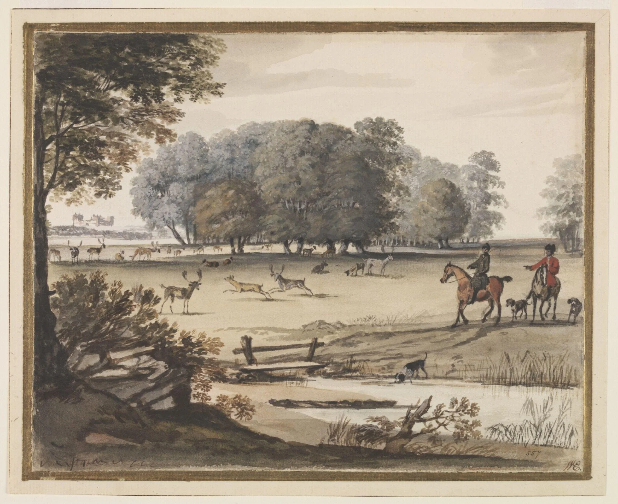 View of a Park with Huntsmen and Deer, by Pieter Tillemans, watercolor, 1720