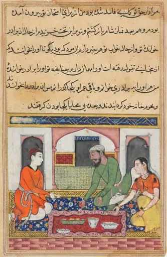 Shahr-Arai and her husband adopt her lover as a brother in the family, from a Tuti-nama (Tales of a Parrot): Fortieth Night