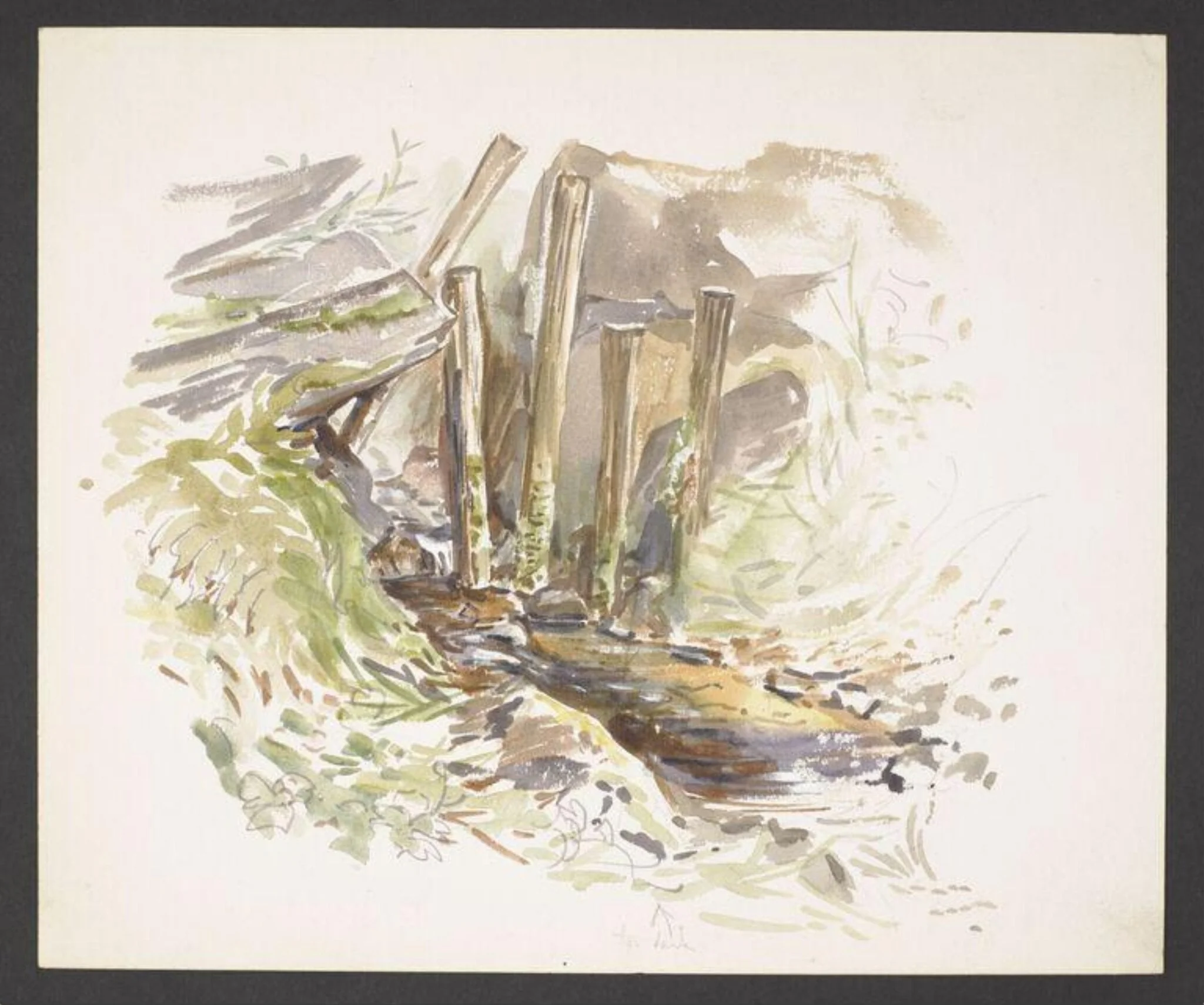 Study of a stream with wooden posts and boulders, by Beatrix Potter, watercolor, 1906