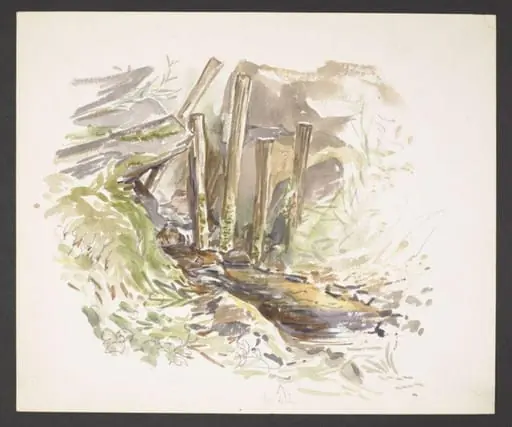 Study of a stream with wooden posts and boulders