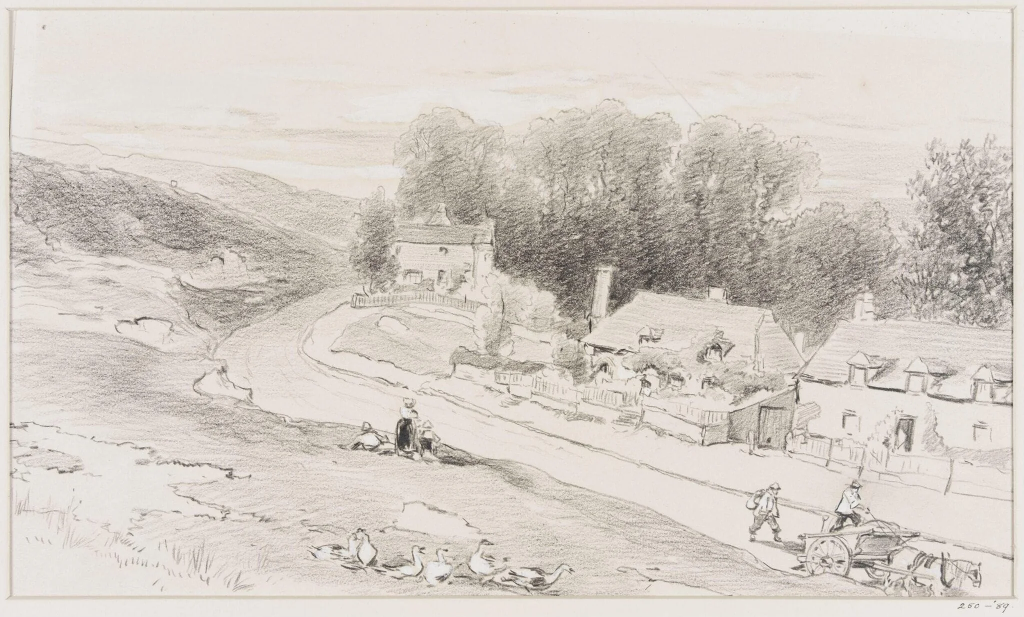 Road with cottages, carts, and geese, by Beverly, 1830