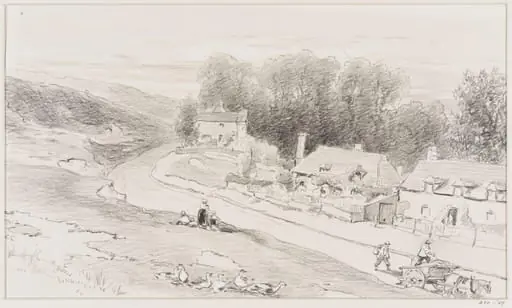 Road with cottages, carts, and geese