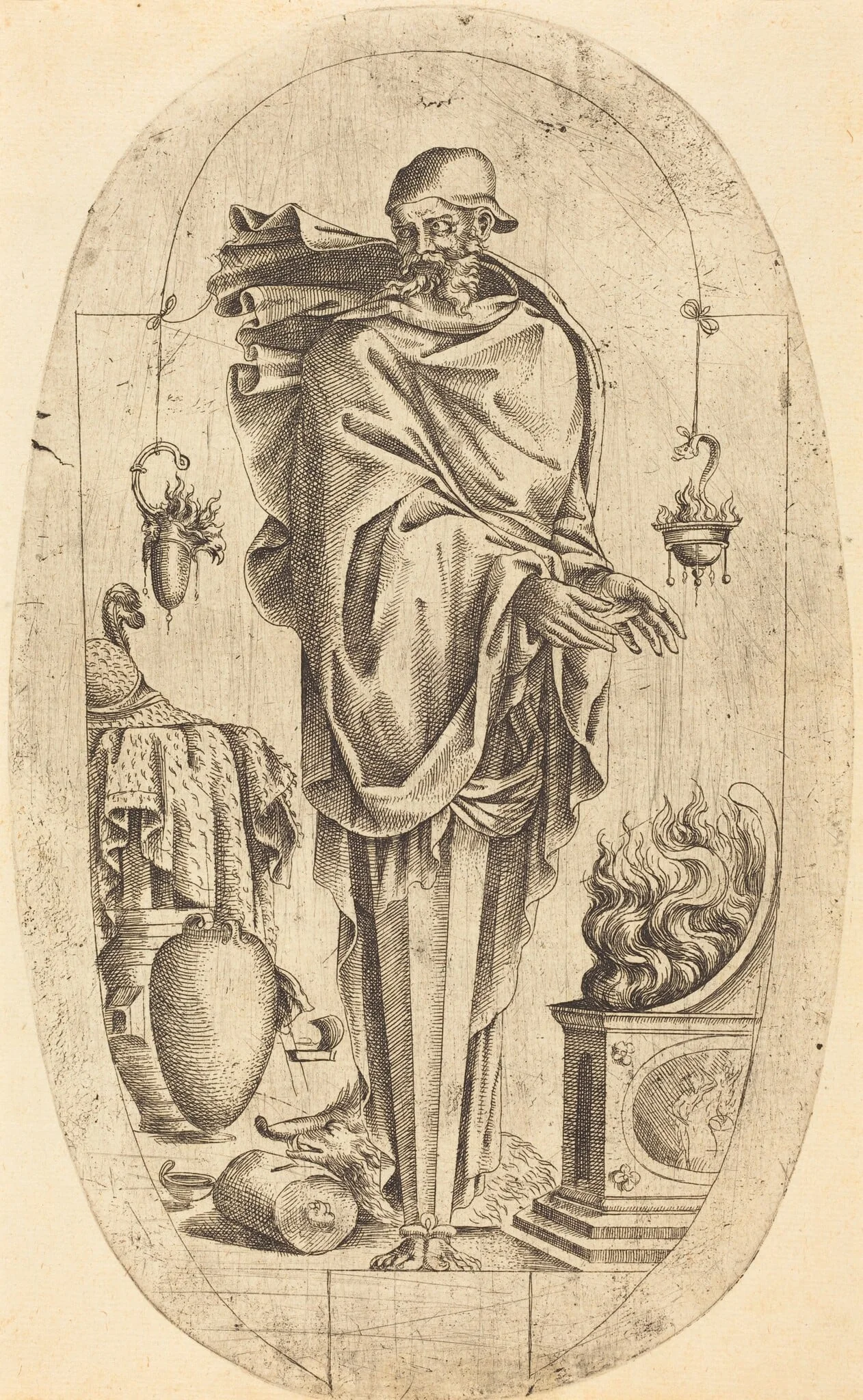 Old Man Warming His Hands, by Jean Mignon, ink, 1563