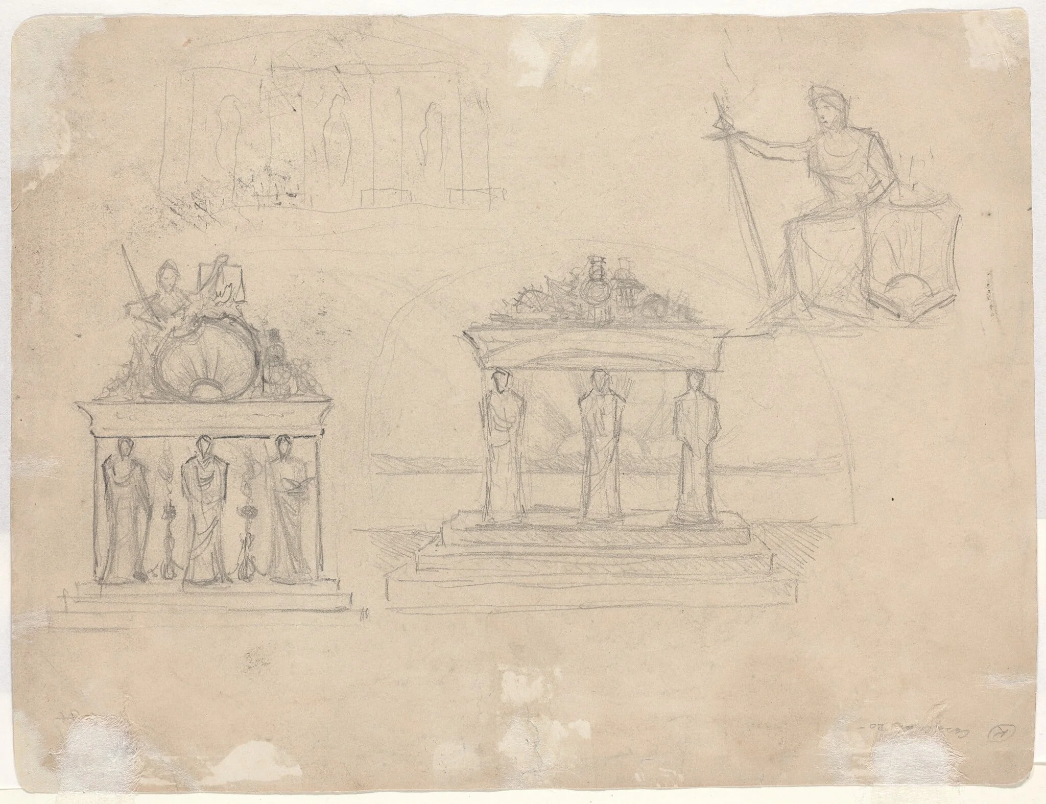 Studies of Classical Temple Facades and Seated Female Figure [verso], by John William Casilear, graphite, 1852