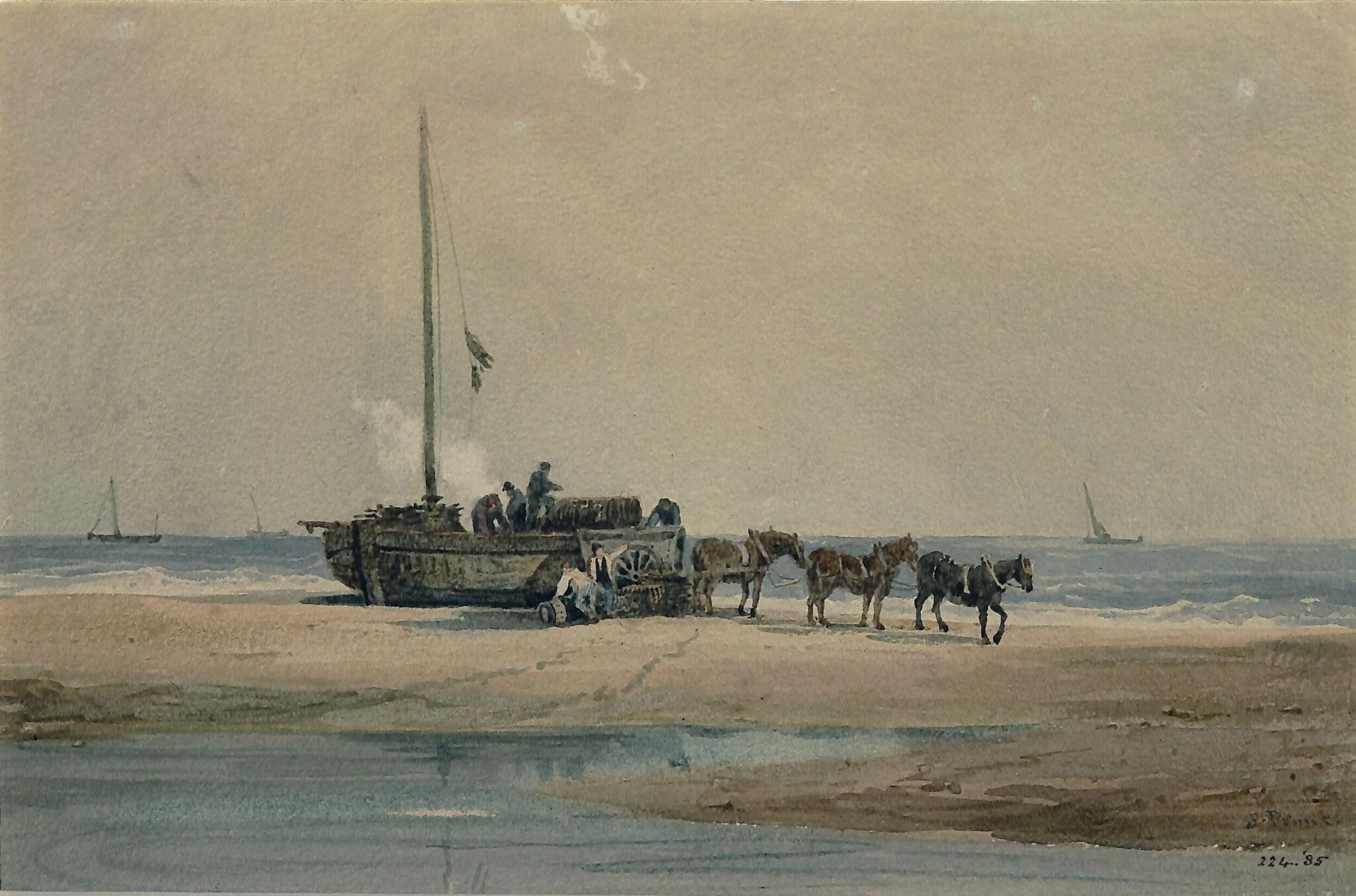 Coast scene with fishermen boiling shrimps