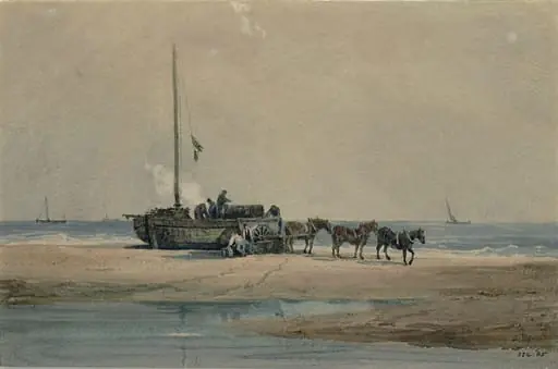 Coast scene with fishermen boiling shrimps
